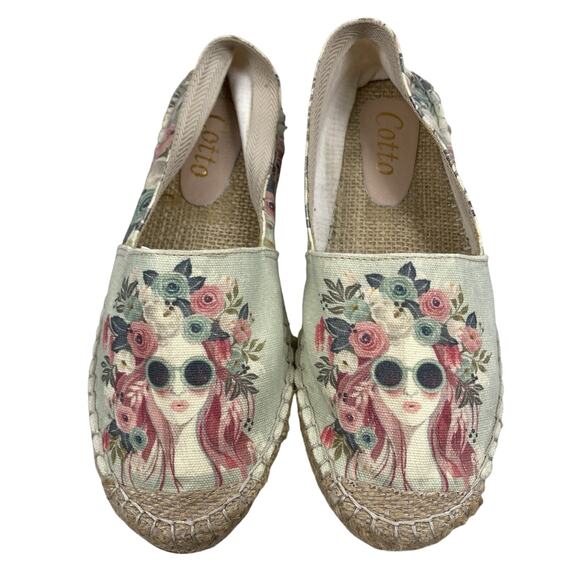 Cotto Espadrille Flats Womens 9 Floral Cottage Boho Retro Slip On Beige Pink - Picture 1 of 13